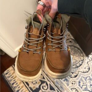 Hey Dude Boys Brown Leather Hiking-Style Sneakers with White Speckled Soles
